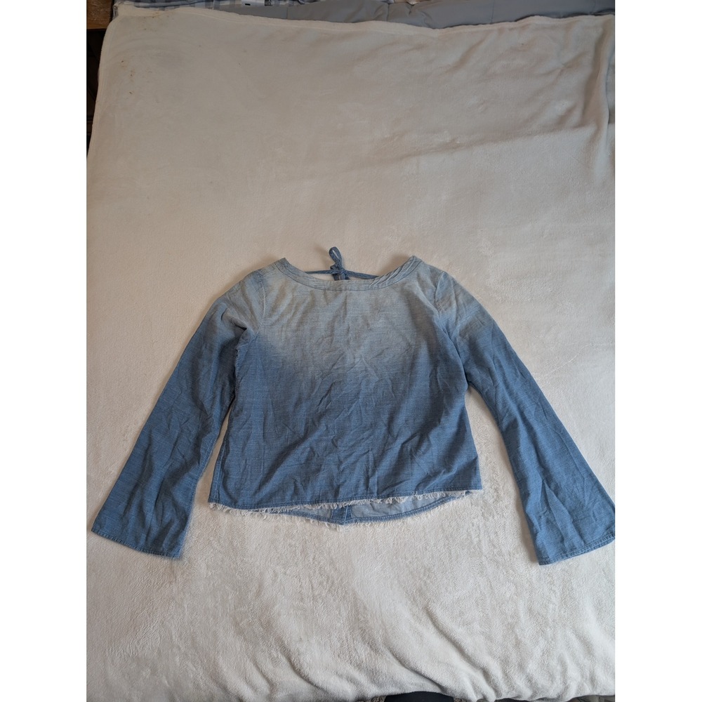 Cloth & Stone Anthropologie Chambray Ombre‎ Button Down Top Raw Hem Tie Back XS